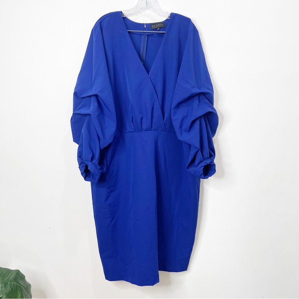 Eloquii Blue Puff Ruffle Sleeve Midi Dress Plus Size 26